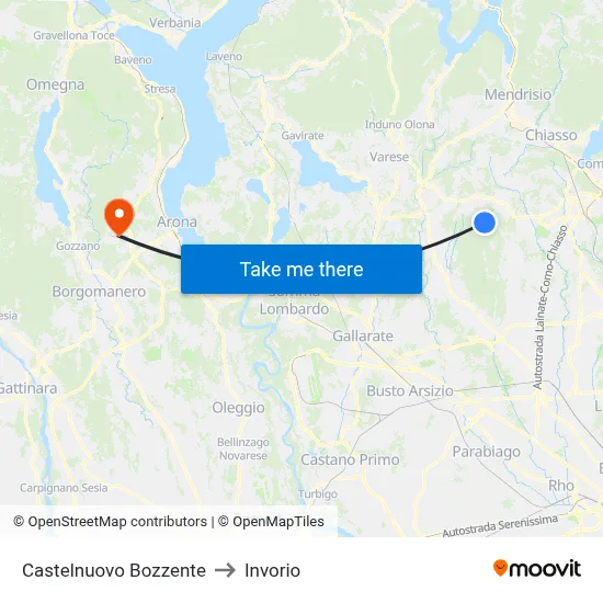 Castelnuovo Bozzente to Invorio map