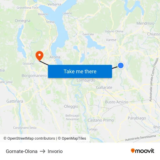 Gornate-Olona to Invorio map