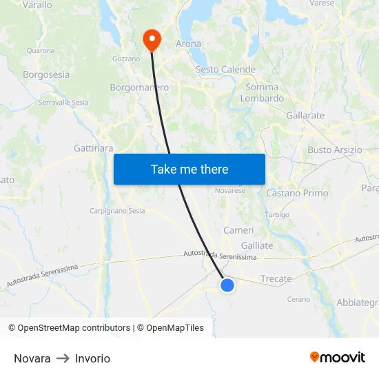 Novara to Invorio map