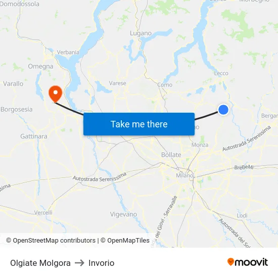 Olgiate Molgora to Invorio map