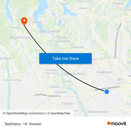 Sedriano to Invorio map