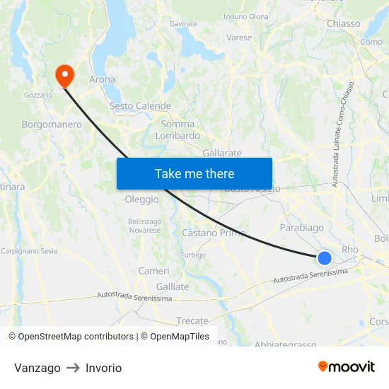 Vanzago to Invorio map