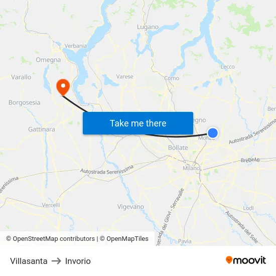 Villasanta to Invorio map