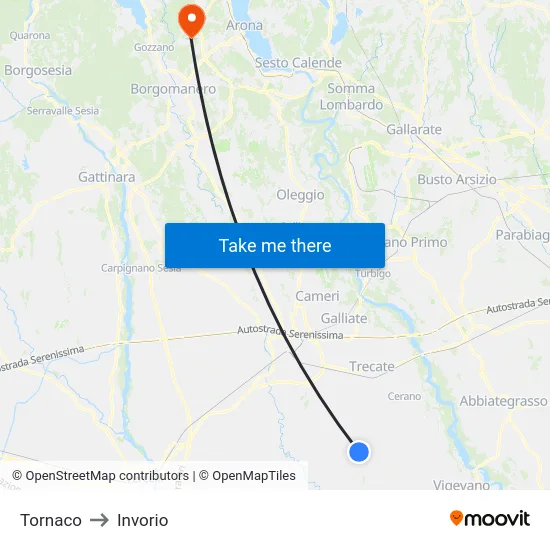 Tornaco to Invorio map