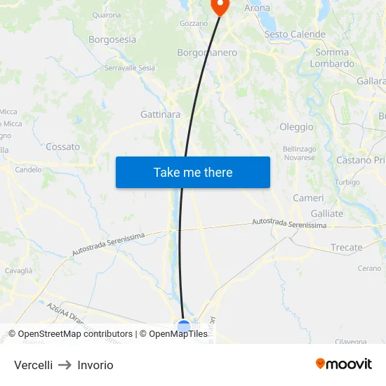 Vercelli to Invorio map
