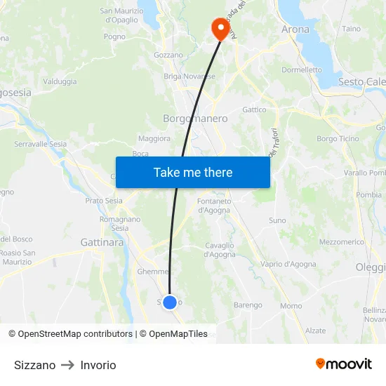 Sizzano to Invorio map