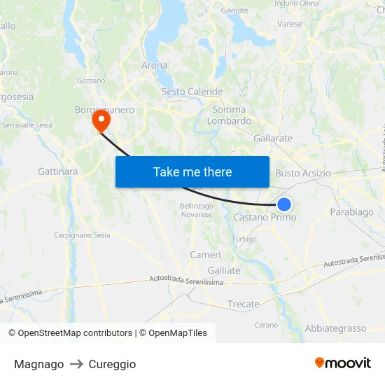 Magnago to Cureggio map