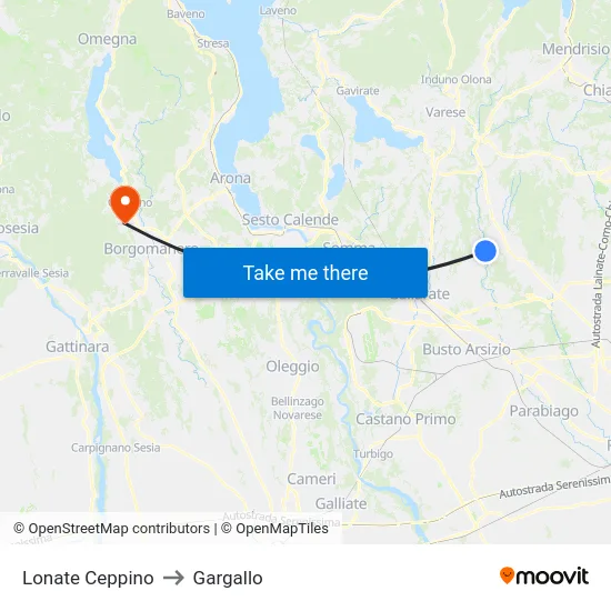 Lonate Ceppino to Gargallo map