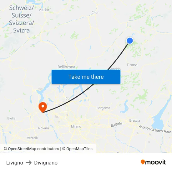 Livigno to Divignano map