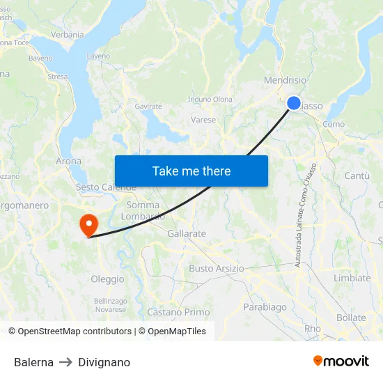 Balerna to Divignano map