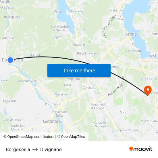 Borgosesia to Divignano map