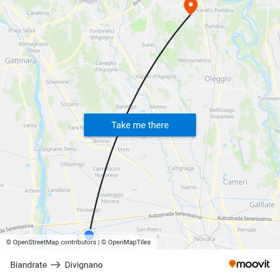 Biandrate to Divignano map