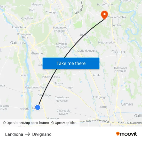 Landiona to Divignano map