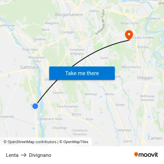 Lenta to Divignano map