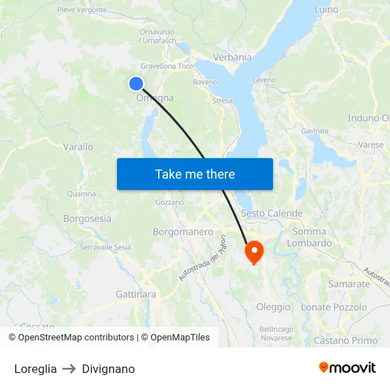 Loreglia to Divignano map