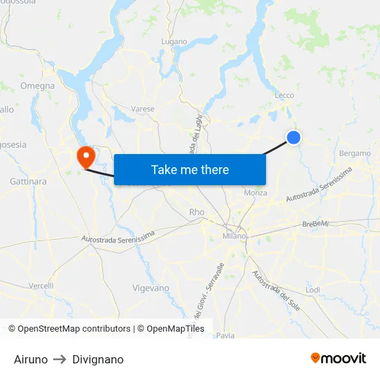 Airuno to Divignano map