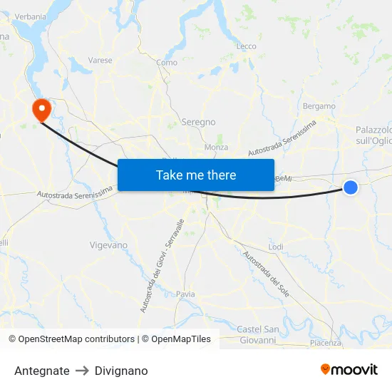 Antegnate to Divignano map