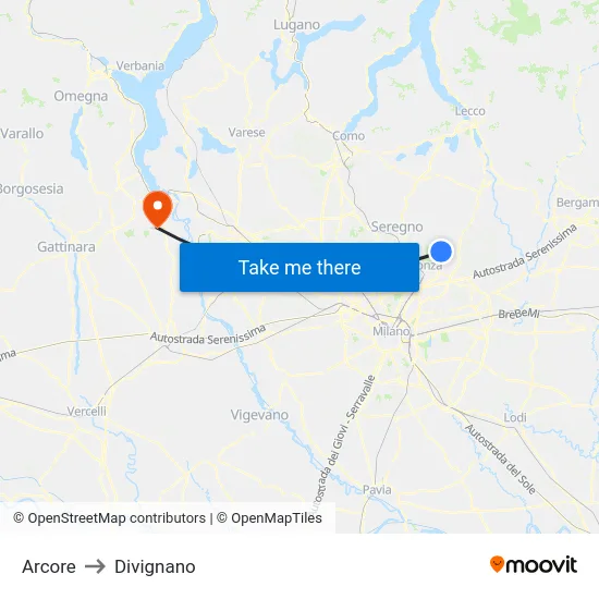 Arcore to Divignano map