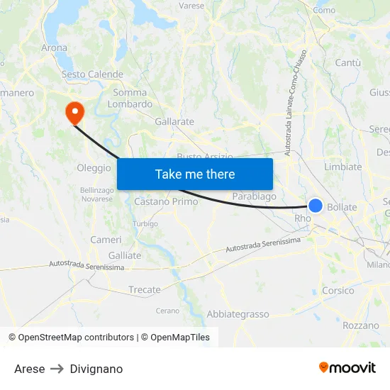 Arese to Divignano map