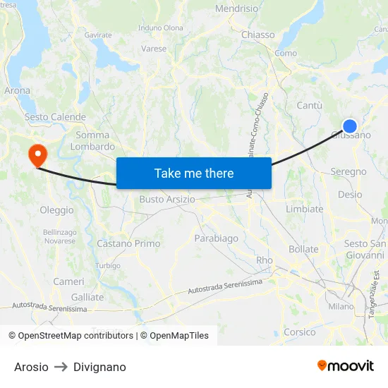 Arosio to Divignano map