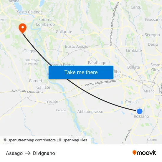 Assago to Divignano map