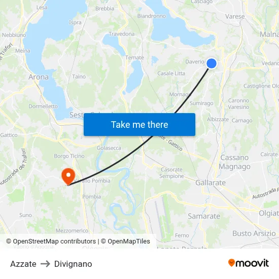 Azzate to Divignano map