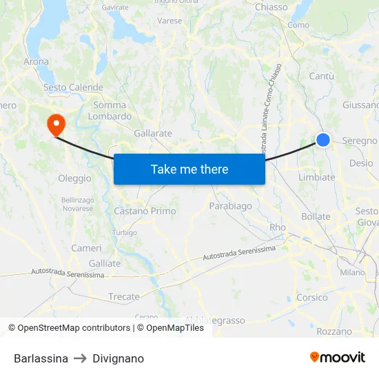 Barlassina to Divignano map
