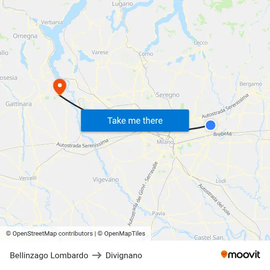 Bellinzago Lombardo to Divignano map