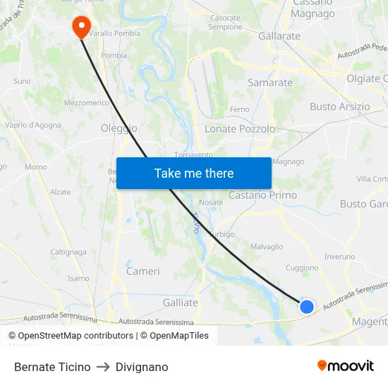 Bernate Ticino to Divignano map