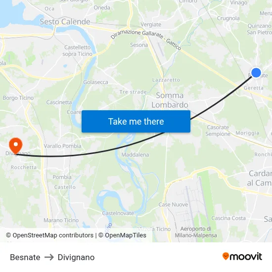 Besnate to Divignano map