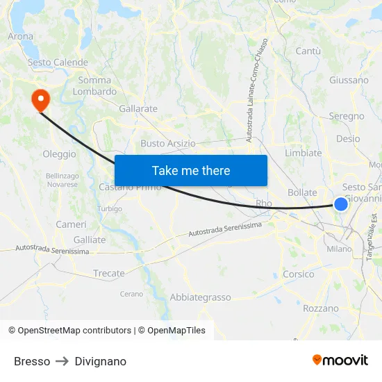 Bresso to Divignano map