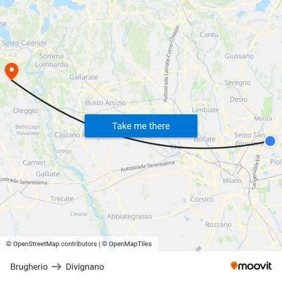 Brugherio to Divignano map