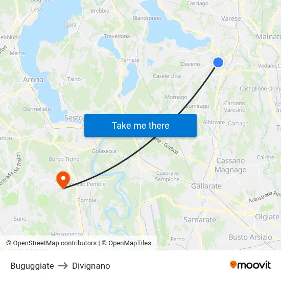 Buguggiate to Divignano map