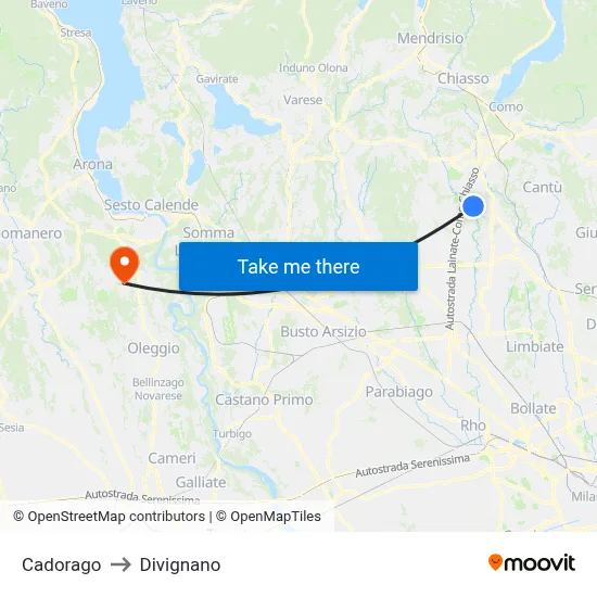 Cadorago to Divignano map
