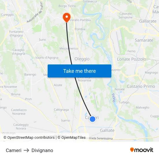 Cameri to Divignano map