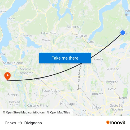Canzo to Divignano map
