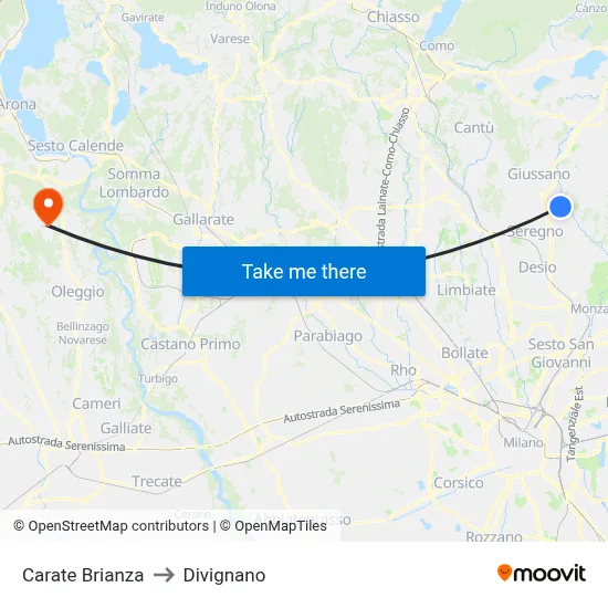 Carate Brianza to Divignano map