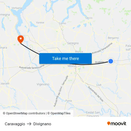 Caravaggio to Divignano map