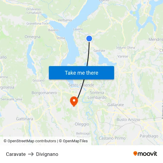 Caravate to Divignano map