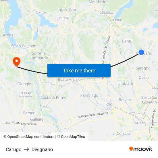 Carugo to Divignano map