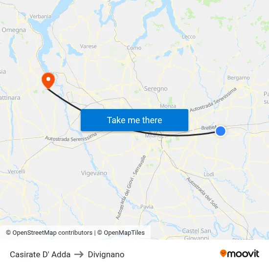 Casirate D' Adda to Divignano map