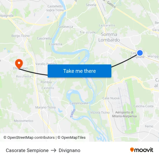 Casorate Sempione to Divignano map