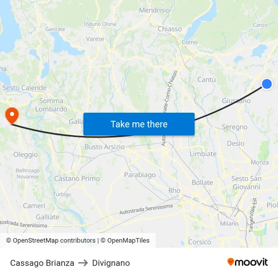 Cassago Brianza to Divignano map