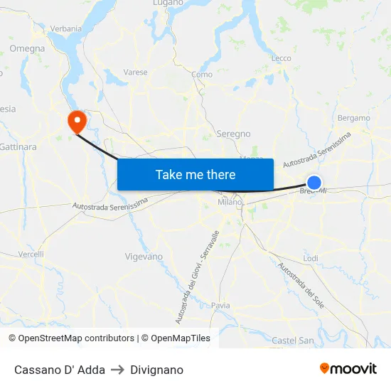 Cassano D' Adda to Divignano map