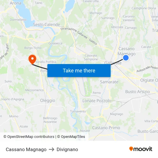 Cassano Magnago to Divignano map
