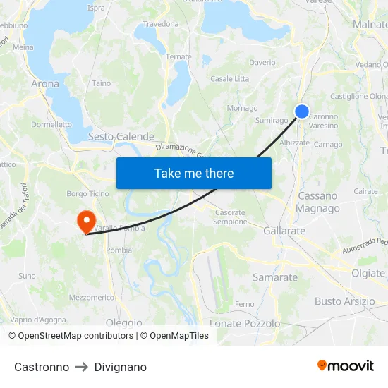 Castronno to Divignano map