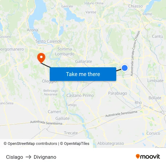 Cislago to Divignano map