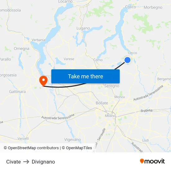 Civate to Divignano map