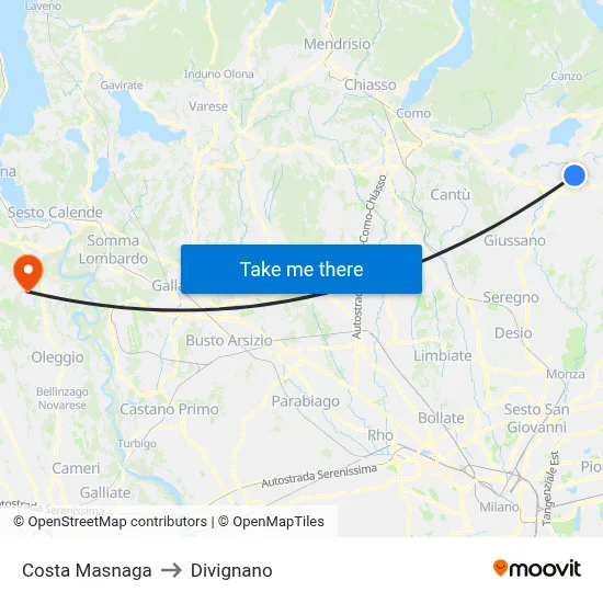 Costa Masnaga to Divignano map