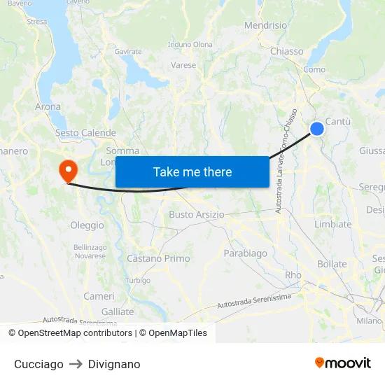 Cucciago to Divignano map